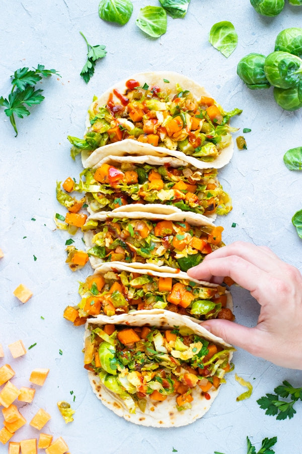 Roasted Brussels Sprouts & Sweet Potato tacos – Saucy Gourmet